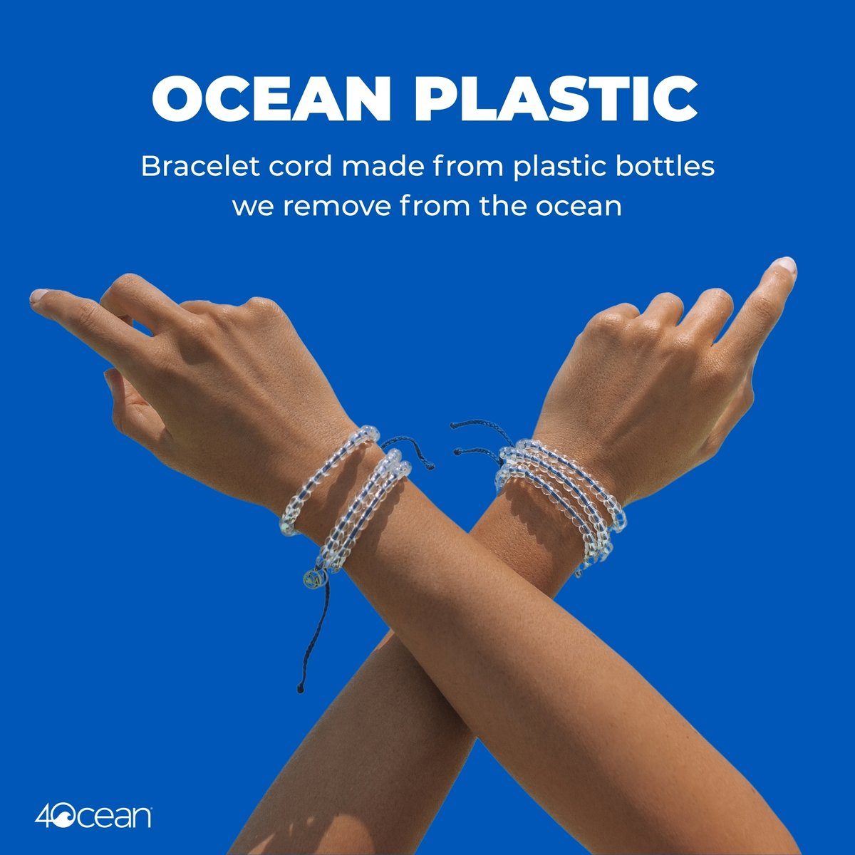 Wrists wearing bracelets with recycled plastic cord